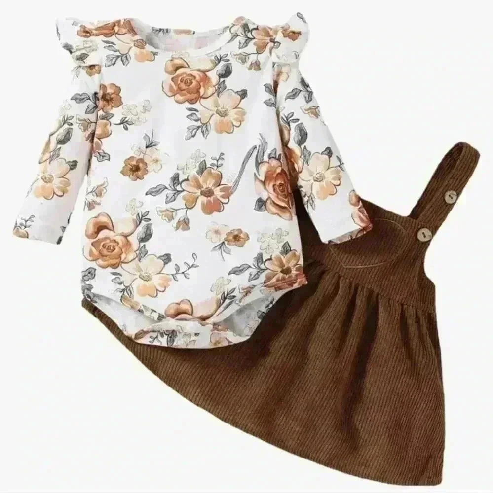 PATPAT | Baby Girl Autumn Long Sleeved Onesie with Brown Corduroy Dress
